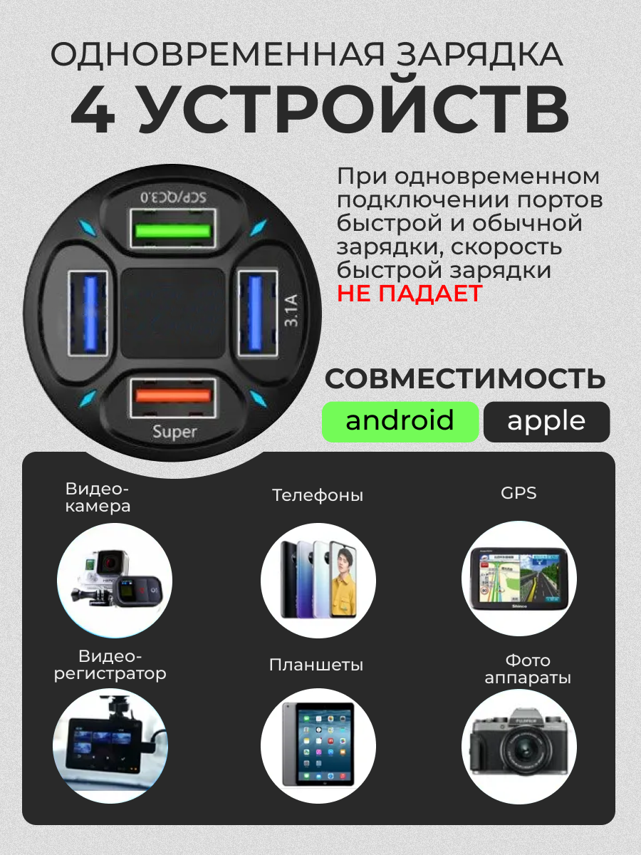 Автомобильное зарядное устройство для телефона на 3 USB, быстрая зарядка в прикуриватель QC3.0, 7А, блок питания черный — фото 1