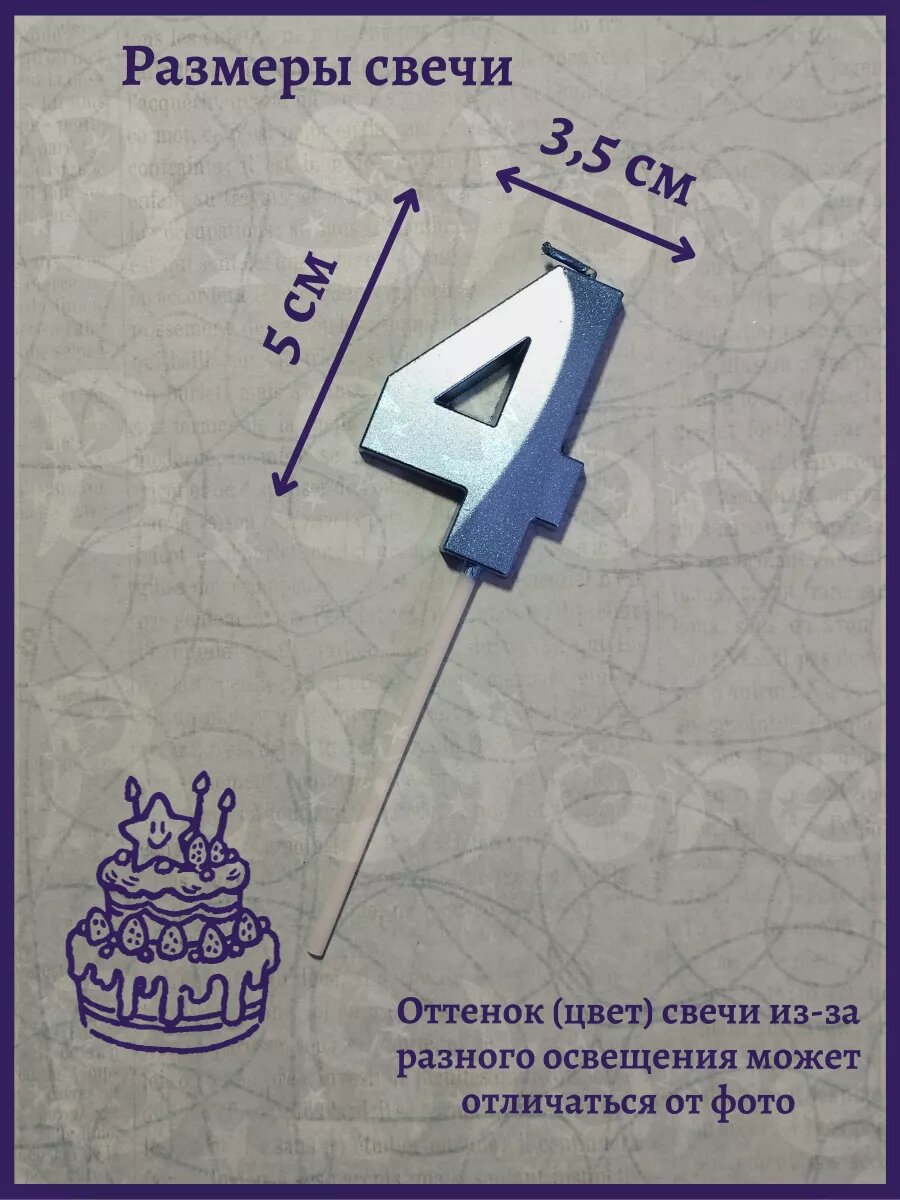 Свеча-цифра "4", для торта, голубая, хлопок, парафиновая, 5 см — фото 1
