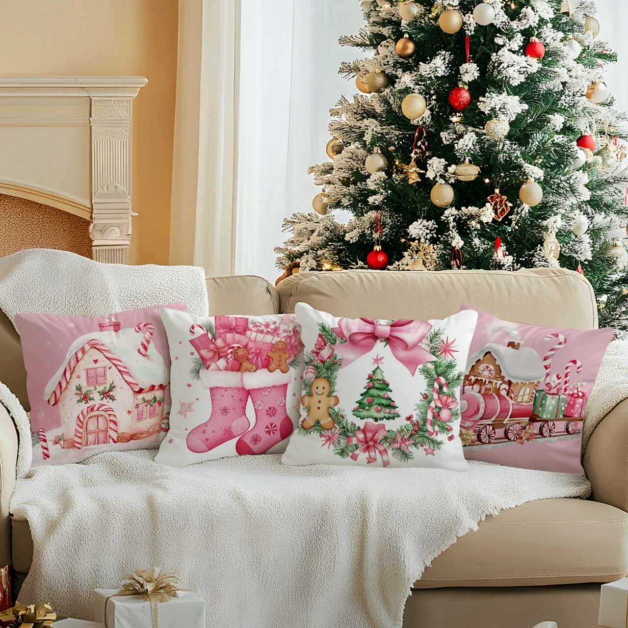 Новогодние подушки, мягкий наполнитель, 45см x 45см, набор 4 шт