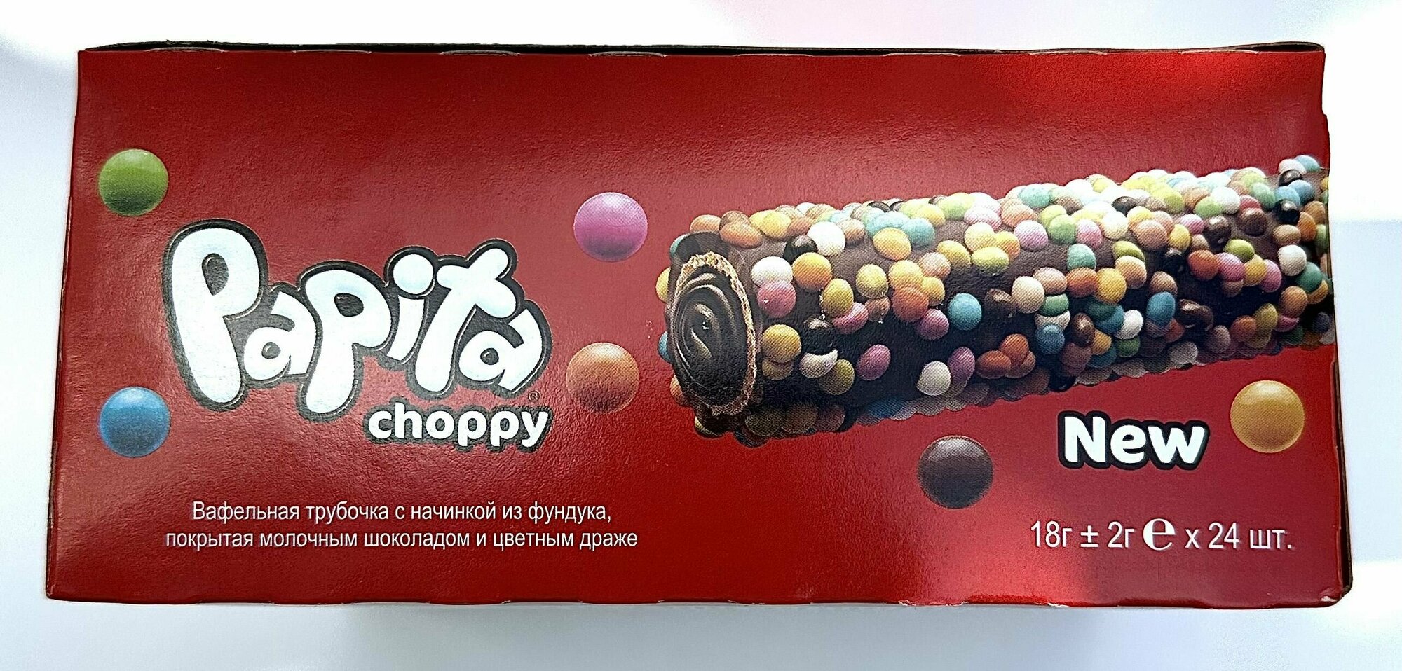 Вафельная трубочка Solen Papita choppy с начинкой из фундука в шоколаде и цветном драже 18 г, 24 шт в упаковке — фото 1