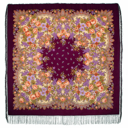 фото Платок павловопосадская платочная мануфактура,146х146 см, коралловый, фиолетовый