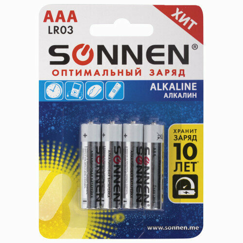 Батарейка SONNEN Alkaline, AAA, LR03, 24А, комплект 4 шт, алкалиновые, блистер, 1 упаковка