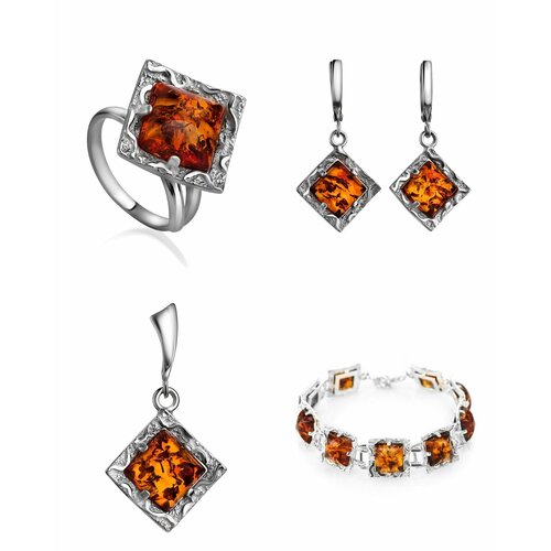 фото Комплект бижутерии: браслет, подвеска, кольцо, серьги, янтарь, размер кольца: безразмерное, коричневый amberhandmade