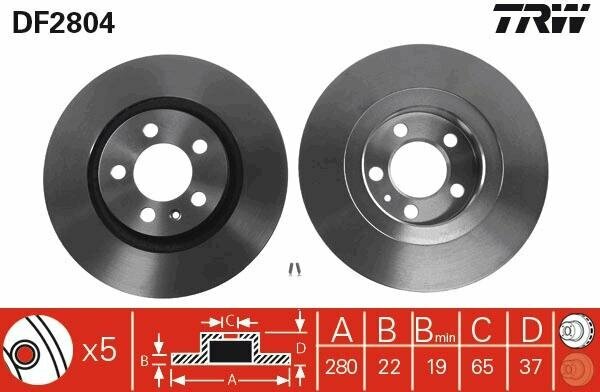 Диск тормозной передний Skoda Octavia (1U), VW Golf IV, V (280мм) DF2804 trw 1шт