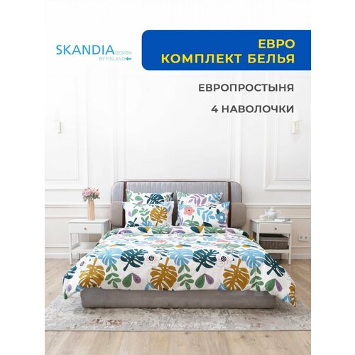 Комплект постельного белья SKANDIA design by Finland евро размер Микро Сатин, 4 наволочки, X156 Белый с цветами и листьями