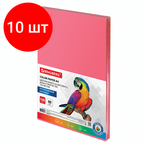 Комплект 10 шт, Бумага цветная BRAUBERG, А4, 80 г/м2, 100 л, интенсив, красная, для офисной техники, 112449