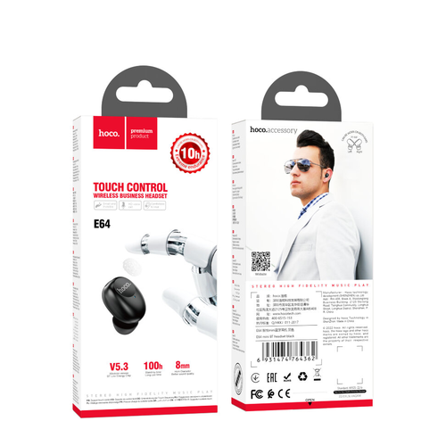 Беспроводная Bluetooth гарнитура для телефона E64 HOCO черная 58600₽
