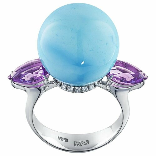 фото Кольцо flymi, белое золото, 585 проба, родирование, бриллиант, бирюза, аметист, размер 17.5, белый