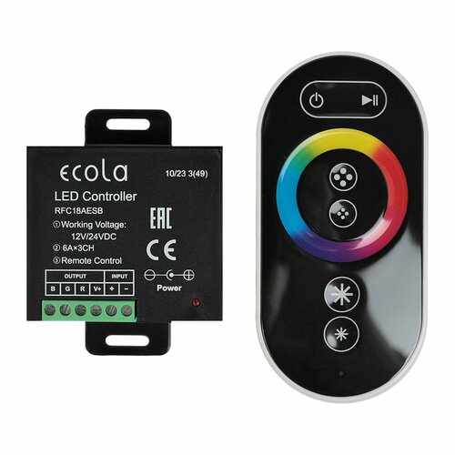 Контроллер Ecola LED strip RGB RF controller, 18 A, 216 Вт, 12 В, с кольцевым сенсорным радиопультом ecola контроллер 220v 16x8 1500w 6 6a rgb с кольцевым сенсорным черным радиопультом rfb615ksb арт 638656