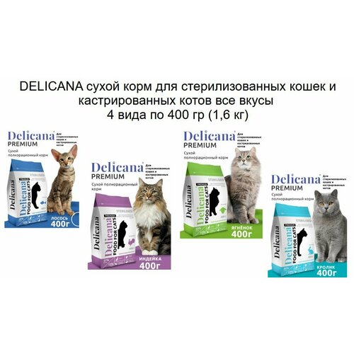 DELICANA сухой корм для стерилизованных кошек и кастрированных котов все вкусы 4 вида по 400 гр (1,6 кг)