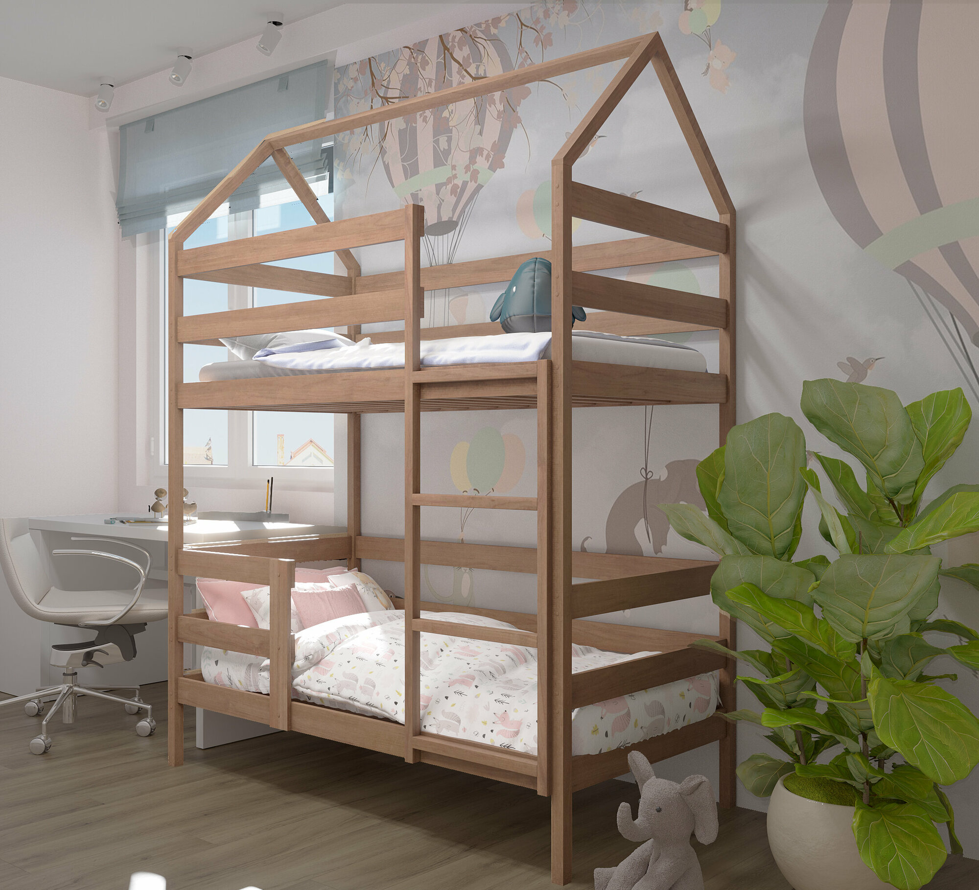 Кровать детская, подростковая "Двухъярусная-домик", спальное место 160х80, натуральный цвет, из массива