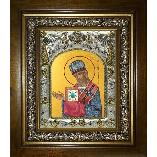 Икона Иоасаф епископ Белгородский святитель, в деревяном киоте святитель иоасаф епископ белгородский икона в широком киоте 16 5 18 5 см