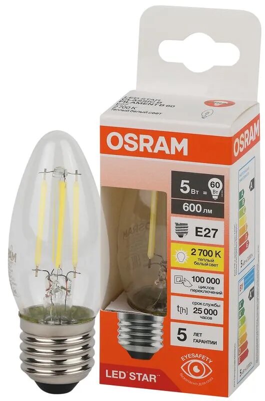 Лампочка светодиодная Osram филаментная стекло Свеча B E27 5Вт 220В 600Лм 2700К Теплый белый уп. 1шт