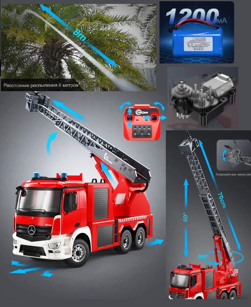 Радиоуправляемая пожарная машина Double Eagle Mercedes-Benz Antos, стреляет водой на 8м, поворот башни на 660, фары, звук - E667-003