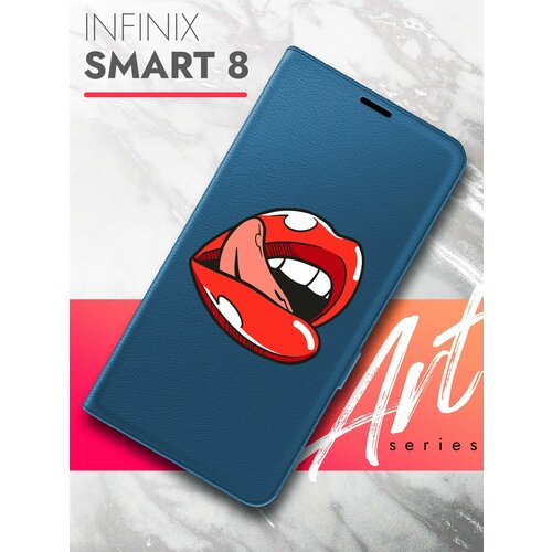 Чехол на Infinix Smart 8 (Инфиникс Смарт 8) синий книжка эко-кожа с функцией подставки и магнитами Book Case, Brozo (принт) Губы чехол на infinix smart 8 инфиникс смарт 8 фиолетовый книжка эко кожа с функцией подставки и магнитами book case brozo принт синий колокольчик