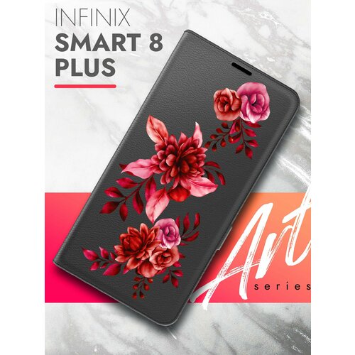 Чехол на Infinix Smart 8 Plus (Инфиникс Смарт 8+) черный книжка эко-кожа с функцией подставки и магнитами Book case, Brozo (принт) Гранатовые Цветы чехол на infinix smart 8 plus инфиникс смарт 8 черный книжка эко кожа с функцией подставки и магнитами book case brozo принт котик спит