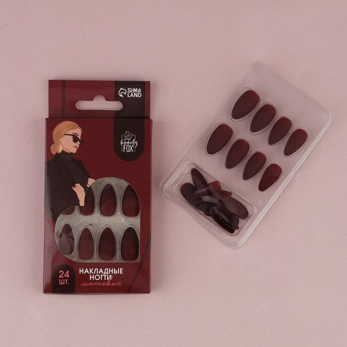 Beauty Fox Накладные ногти «Бордо», 24 шт, клеевые пластины, форма миндаль, цвет матовый бордовый
