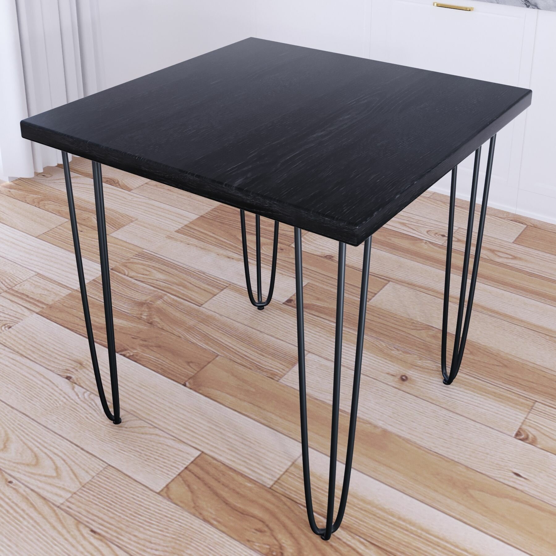 Стол кухонный Loft с квадратный столешницей цвета черного оникса из массива сосны 40 мм и черными ножками-шпильками 75x75х75 см
