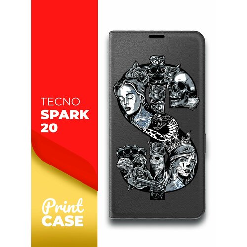 Чехол на Tecno Spark 20 (Техно Спарк 20) черный книжка эко-кожа подставка отделением для карт и магнитами Book case, Miuko (принт) Доллар тату чехол на tecno spark 20 техно спарк 20 черный книжка эко кожа подставка отделением для карт и магнитами book case miuko принт бульдог