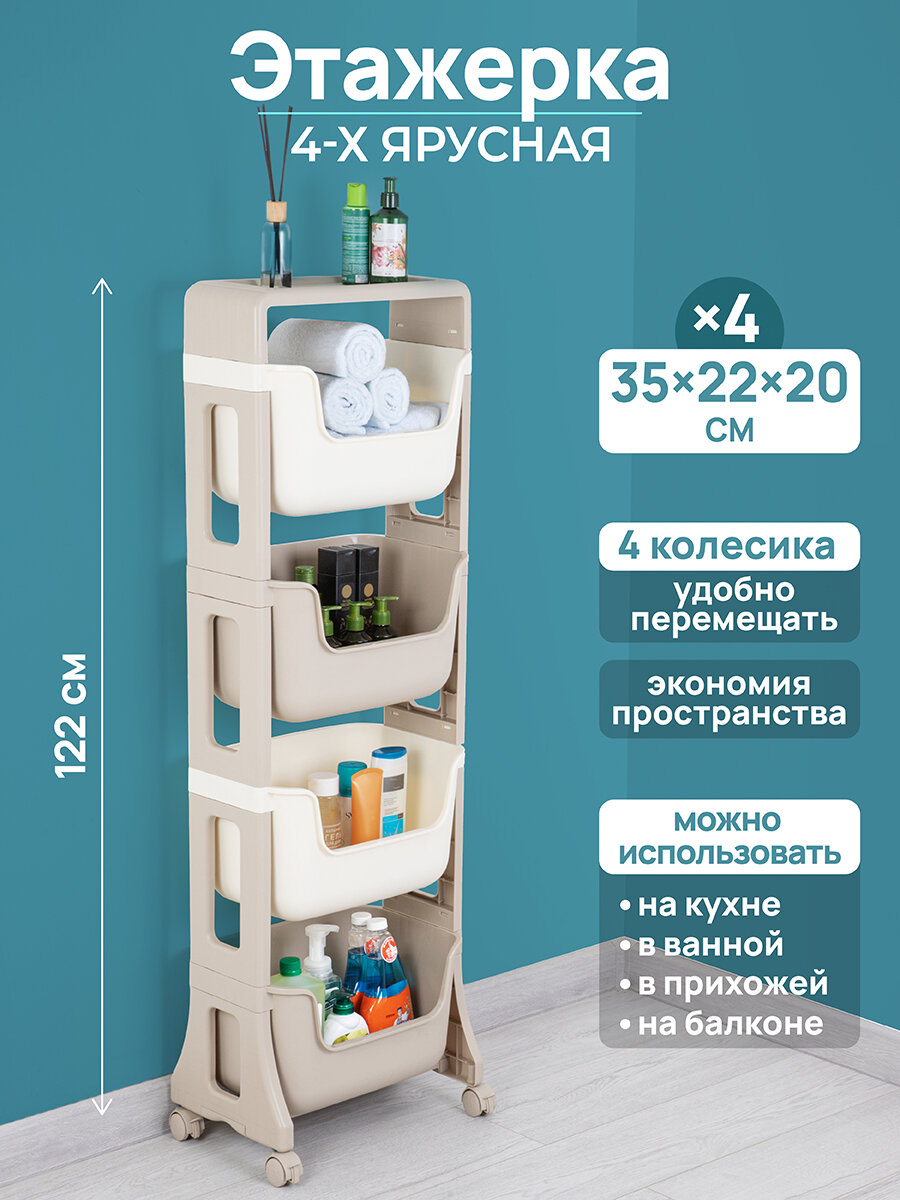 Этажерка напольная 4-х ярусная на колесиках 395х26х1228 см El Casa Джуниор латте-слоновая кость