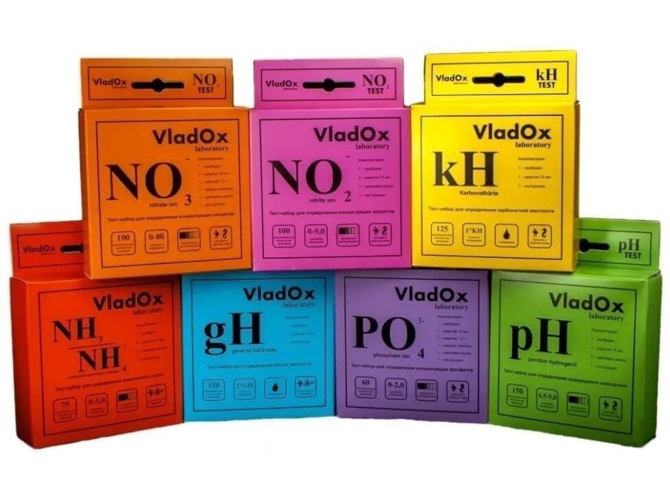 VladOx профессиональный набор из 7-ти тестов (gH, kH, pH, NO2, NO3, NH3/4, PO4)