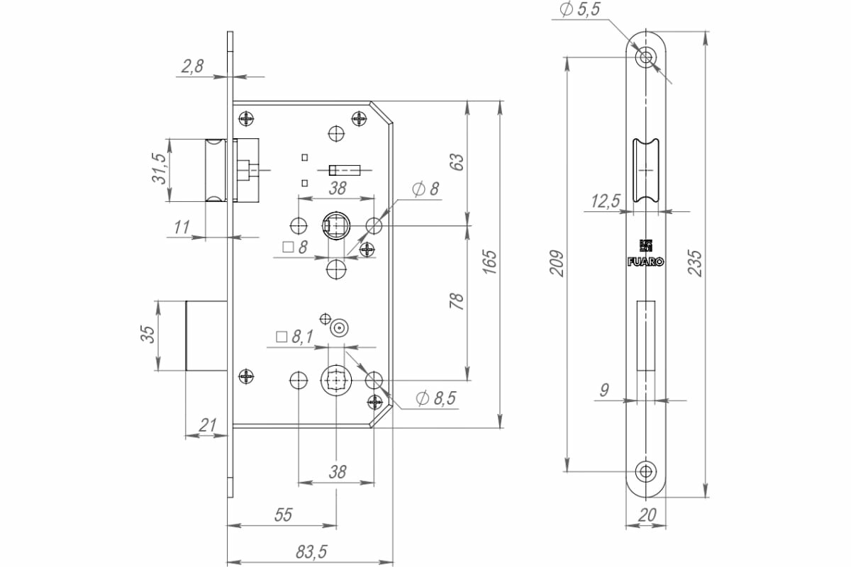 Замок врезной Fuaro DD. INOX/C-55.72