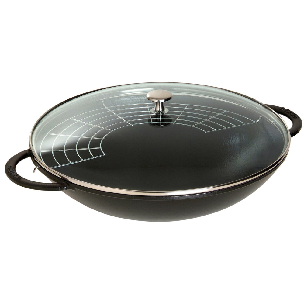 Чугунная сковорода-вок со стеклянной крышкой Authentic, 37 см, 5.7 л, черный, серия Воки, Staub, 1313923