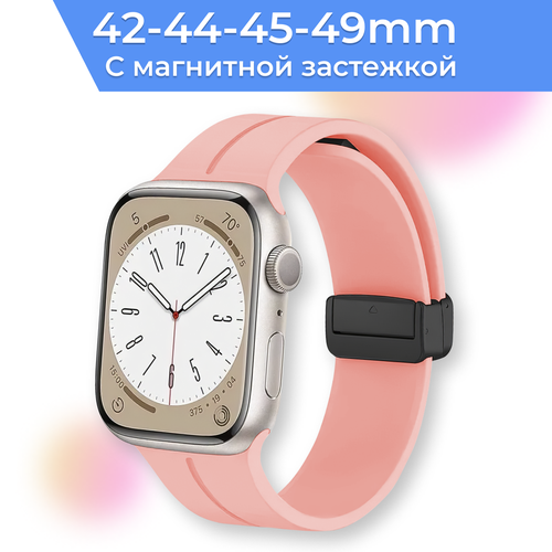 Силиконовый ремешок с магнитной застежкой для умных часов Apple Watch 42-42-45-49 mm / Сменный браслет на смарт часы Эпл Вотч 1-9, SE, Ultra серии / Розовый розовый, размер L (запястье 160–180 мм), М (запястье 150–160 мм), XS (запястье 120–135 мм), XXL (запястье более 200 мм)