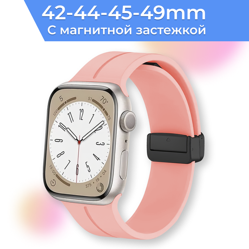 Силиконовый ремешок с магнитной застежкой для умных часов Apple Watch 42-42-45-49 mm / Сменный браслет на смарт часы Эпл Вотч 1-9, SE, Ultra серии / Розовый ремешок для apple watch 42 44 45 mm силиконовый цвета орхидеи