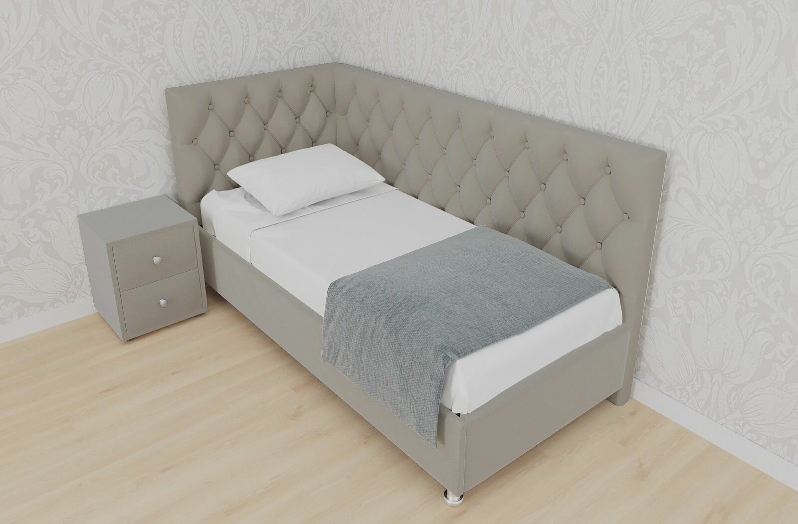Двуспальная кровать Версаль Угловая 140x200 основание металлическое с ламелями велюр бежевый без ножек угол правый