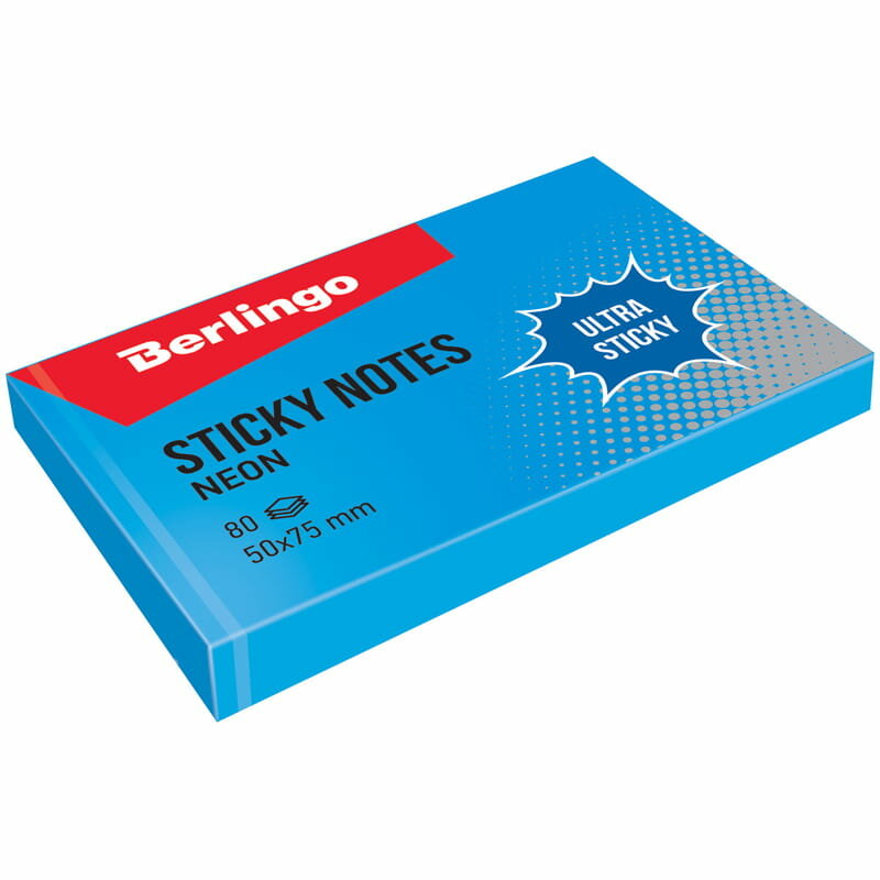 Самоклеящийся блок Berlingo "Ultra Sticky", 50*75мм, 80л, синий неон BERLINGO_ 287181