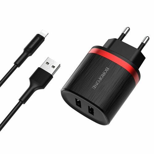 Зарядное устройство Borofone BA7A FlashPlug 2xUSB 2.4A + кабель Lightning Black