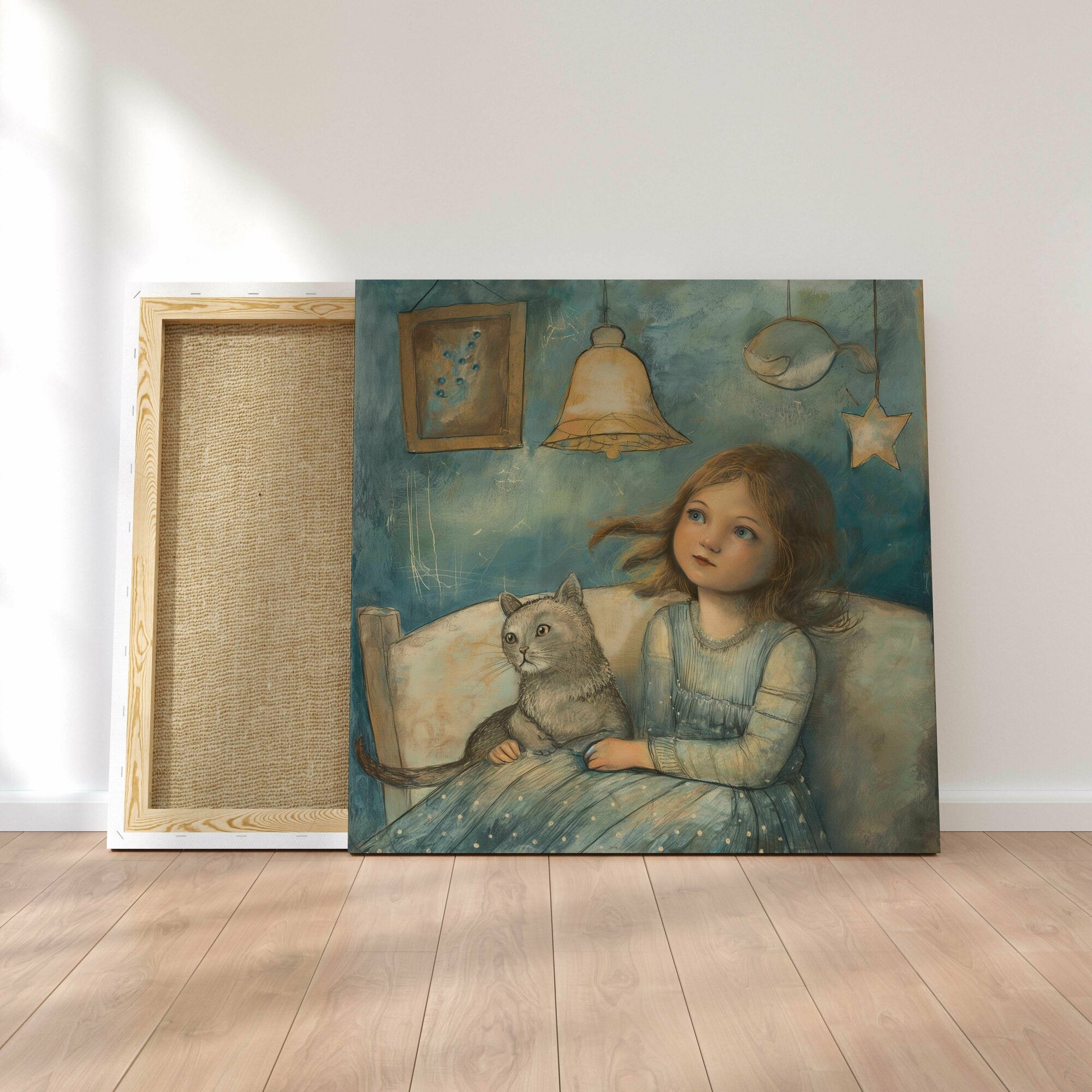 Интерьерная картина на натуральном холсте - Девочка с котом 75 х 75 см.