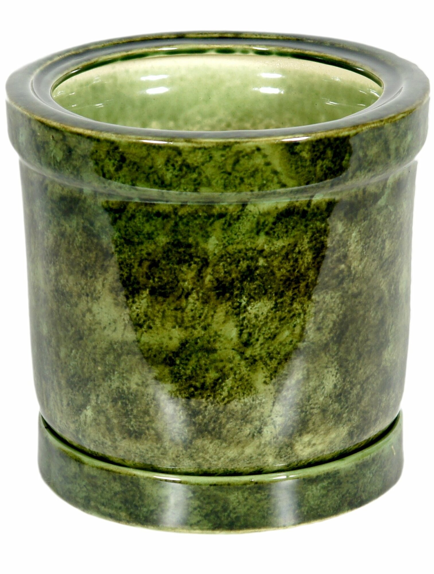 Горшок для цветов с поддоном керамика глазурованный Цилиндр №2 зеленый 5л