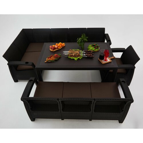 Комплект садовой мебели из ротанга Set 5+3+1+обеденный стол 160х95, с комплектом бордовых подушек