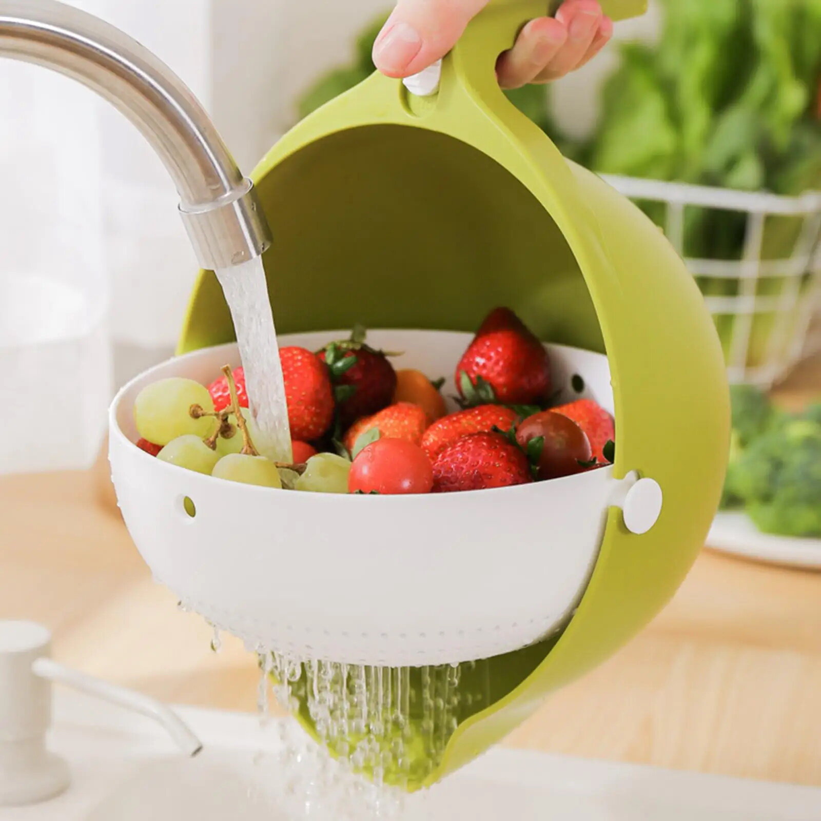 Дуршлаг-корзина для мытья фруктов и овощей Drain Basket/KP-401/с двойным дном/зеленый