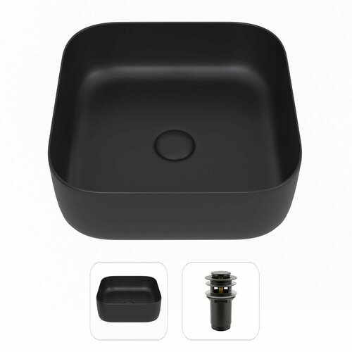 Накладная раковина для ванной Helmken 46839001 комплект 2 в 1: умывальник квадратный 39 см, донный клапан click-clack в цвете черный, гарантия 25 лет