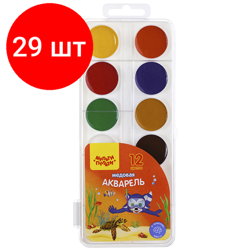 Комплект 29 шт, Акварель Мульти-Пульти Енот в Красном море, медовая, 12 цветов, без кисти, пластик, европодвес акварель мульти пульти енот в красном море медовая 12 цветов