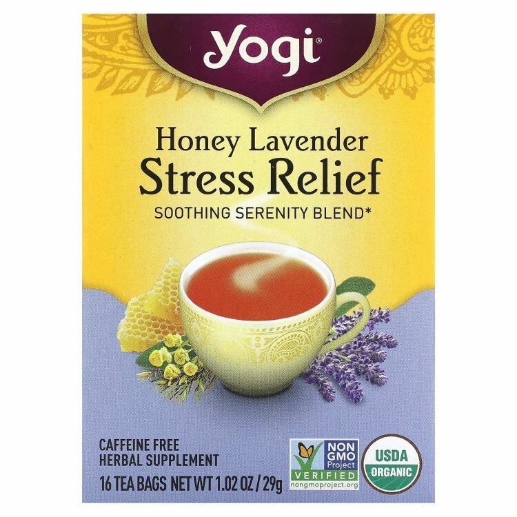 Yogi Tea, Stress Relief, чай cо вкусом меда и лаванды, без кофеина, 16 чайных пакетиков