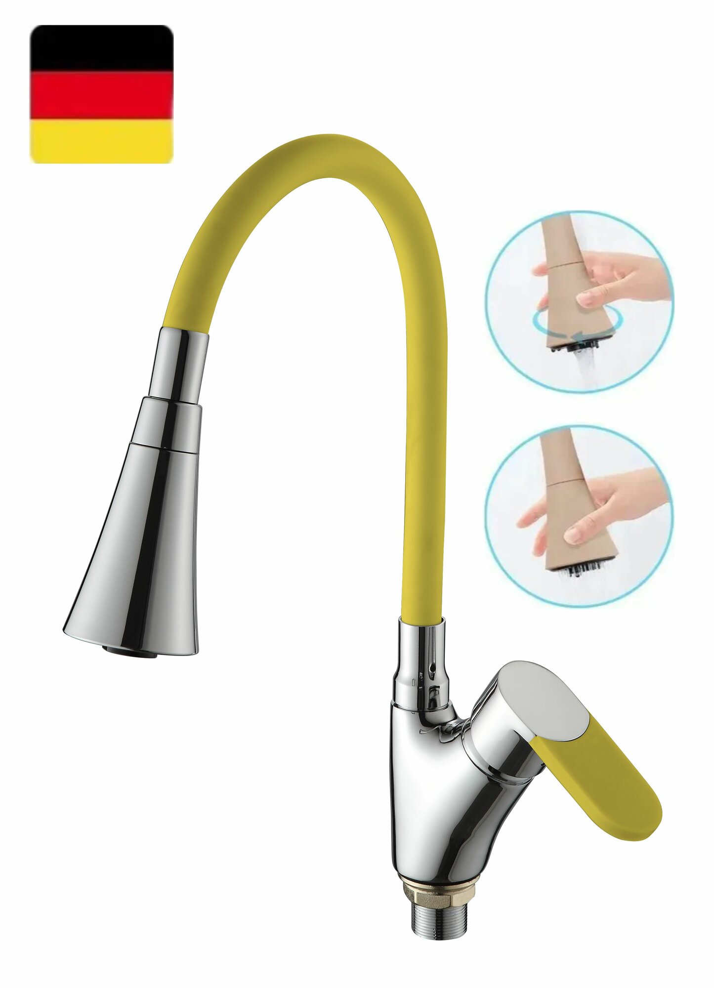фото Смеситель для кухни с гибким изливом двухрежимный для кухонной мойки, однорычажный, нержавеющая сталь, желтый, хром