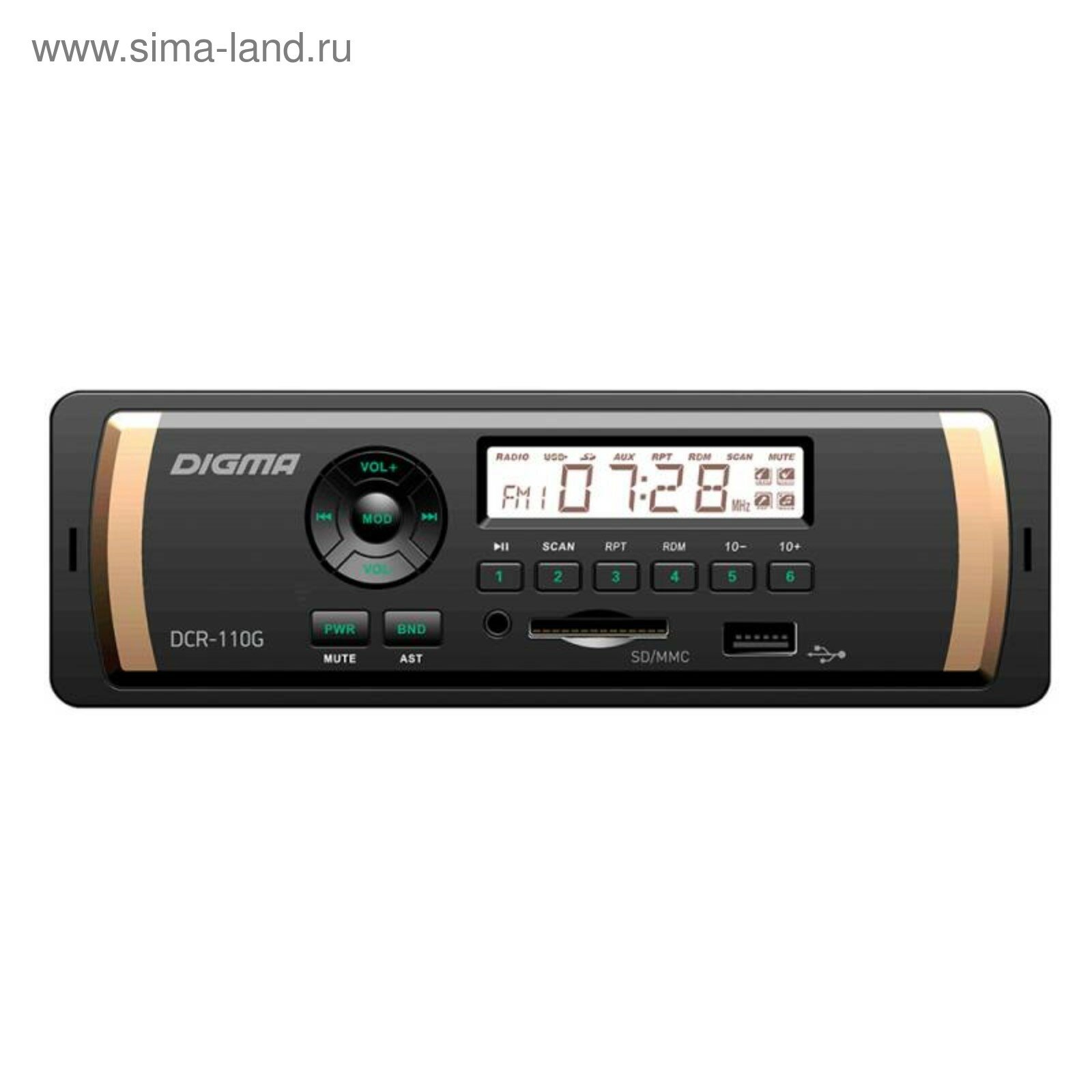 Автомагнитола DCR-110G, 1DIN, 4 x 45 Вт, AUX, SD/MMC, USB