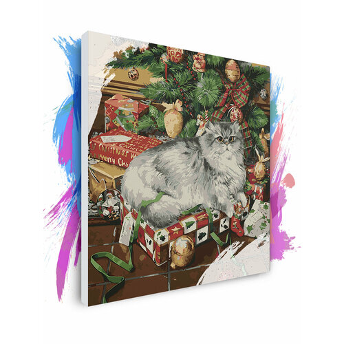 Картина по номерам на холсте Рождественский кот, 120 х 120 см
