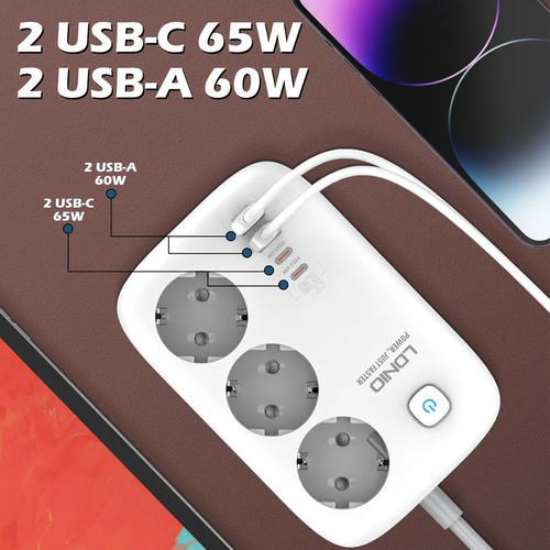 Сетевой фильтр - удлинитель LDNIO SE3436 - Power Strip 3250W, 3 розетки, 4 USB, 2м