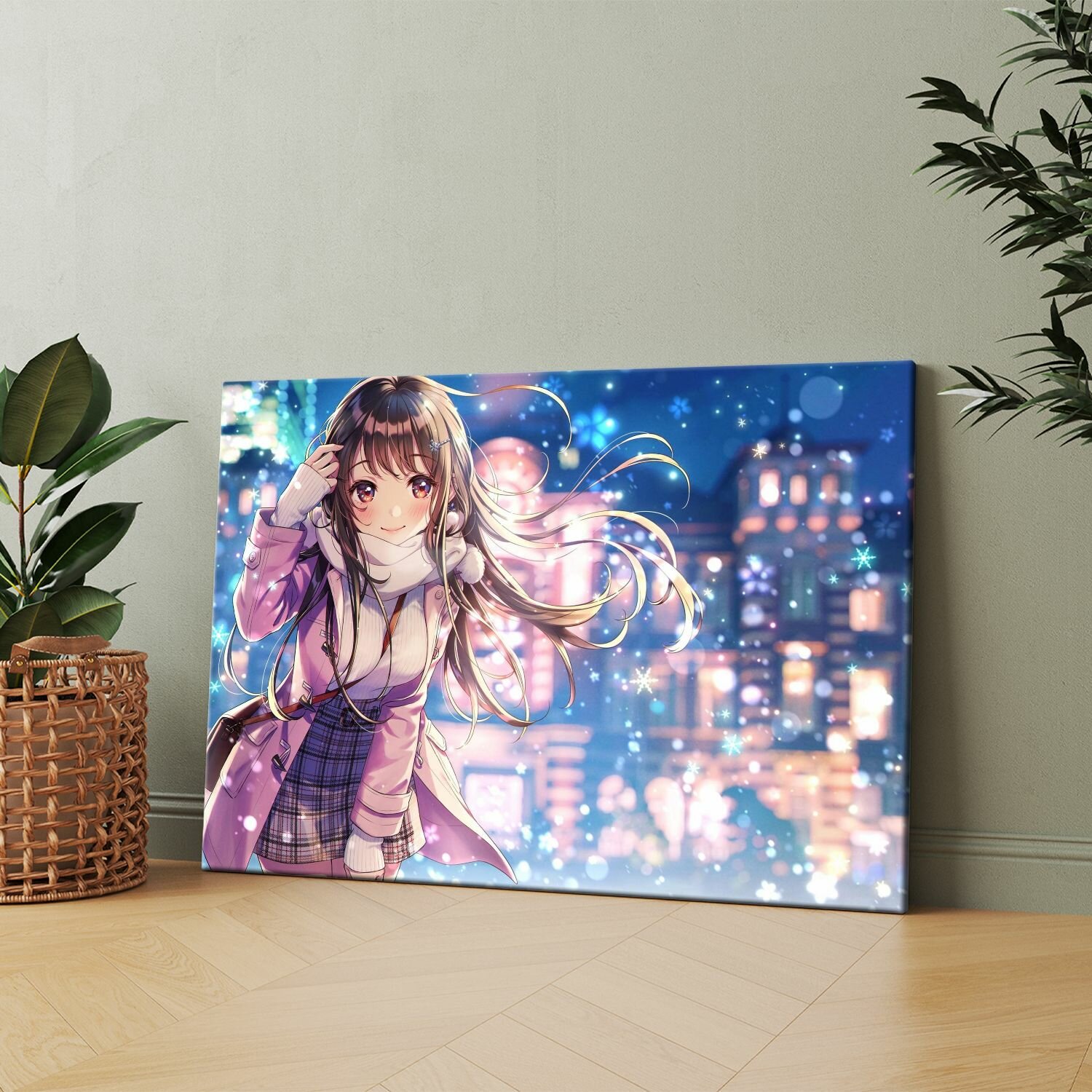 Картина на холсте (Девушка в фиолетовом пальто и фиолетовой юбке) 40x60 см. Интерьерная на стену.