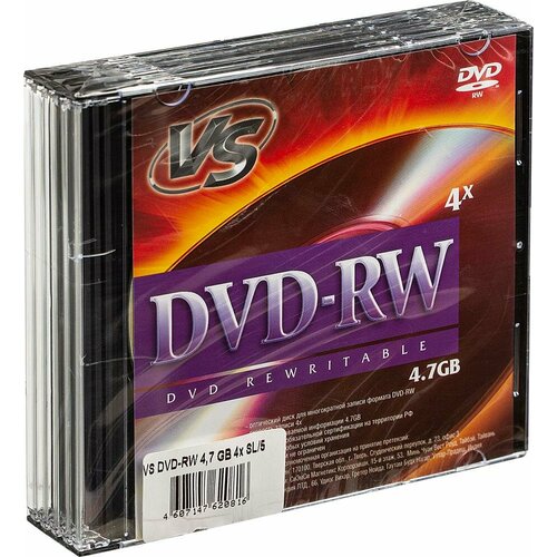 комплект 5 упаковок носители информации dvd rw 4x vs slim 5 vsdvdrwsl501 Носители информации DVD-RW, 4x, VS, Slim/5, VSDVDRWSL501