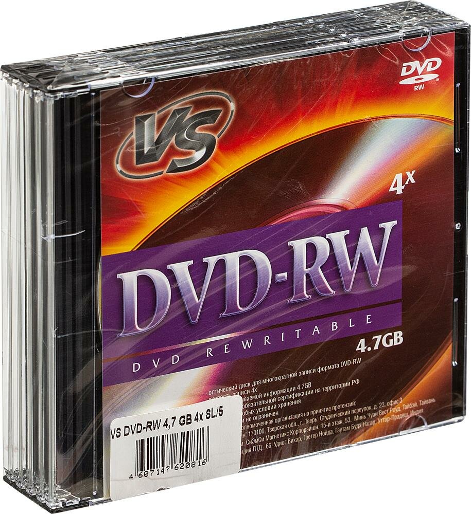 Носители информации DVD-RW, 4x, VS, Slim/5, VSDVDRWSL501