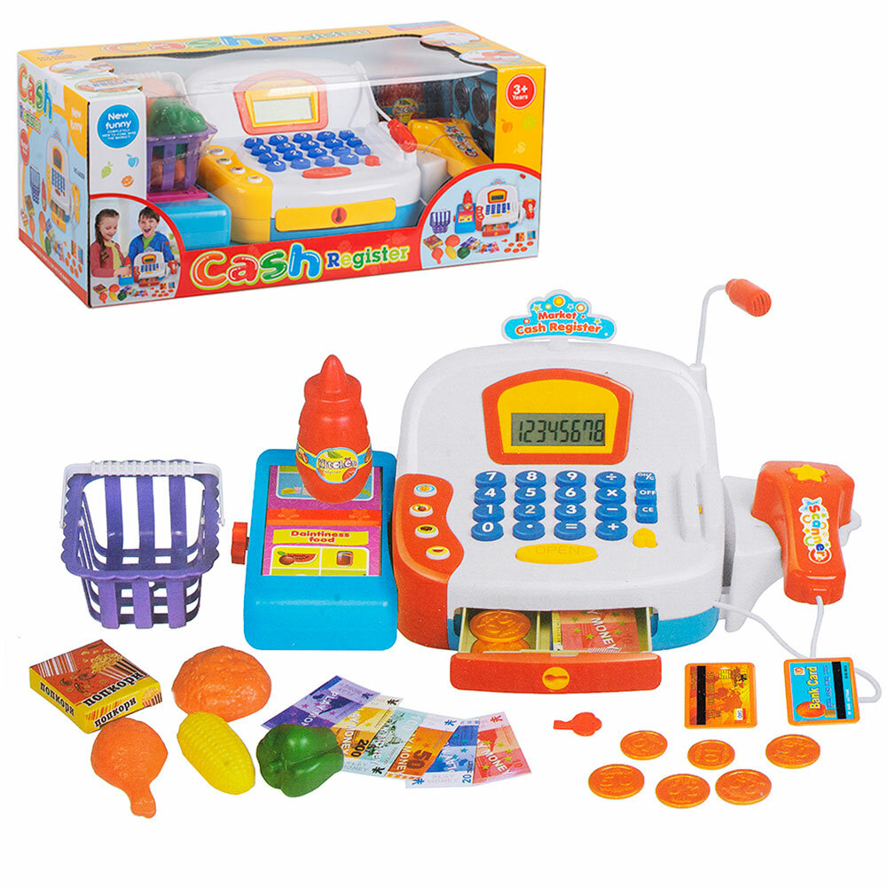 Детский игрушечный кассовый аппарат с аксессуарами, световыми и звуковыми эффектами с продуктами для сюжетно-ролевых игр