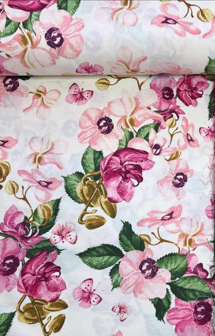 Ткань Дак (DUCK, Панама). 65% хлопок, 35% полиэстер Дак с розовыми орхидеями 100х180см
