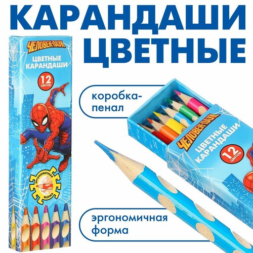 Карандаши цветные в пенале 12 цветов Человек-паук, Человек-паук, трёхгранный корпус (1шт.) карандаши цветные 12 цветов человек паук