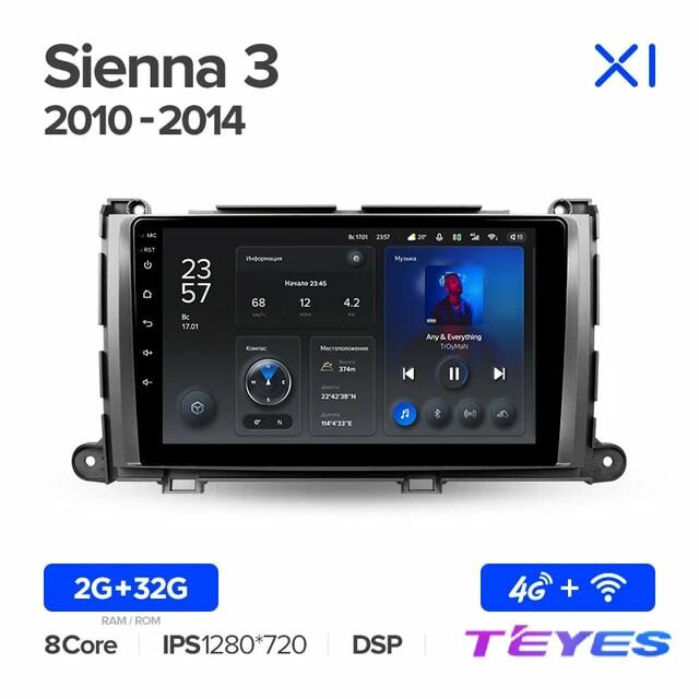 Магнитола Toyota Sienna 3 XL30 2010-2014 Teyes X1 4G 2/32GB, штатная магнитола, 8-ми ядерный процессор, IPS экран, DSP, 4G, Wi-Fi, 2 DIN